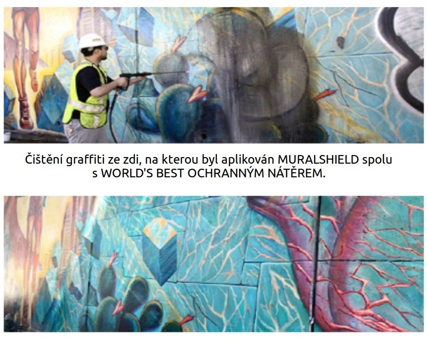 Zeď se street art malbou, na kterou byl aplikován revitalizační nátěr MURALSHIELD, před čištěním graffiti a po vyčištění graffiti.